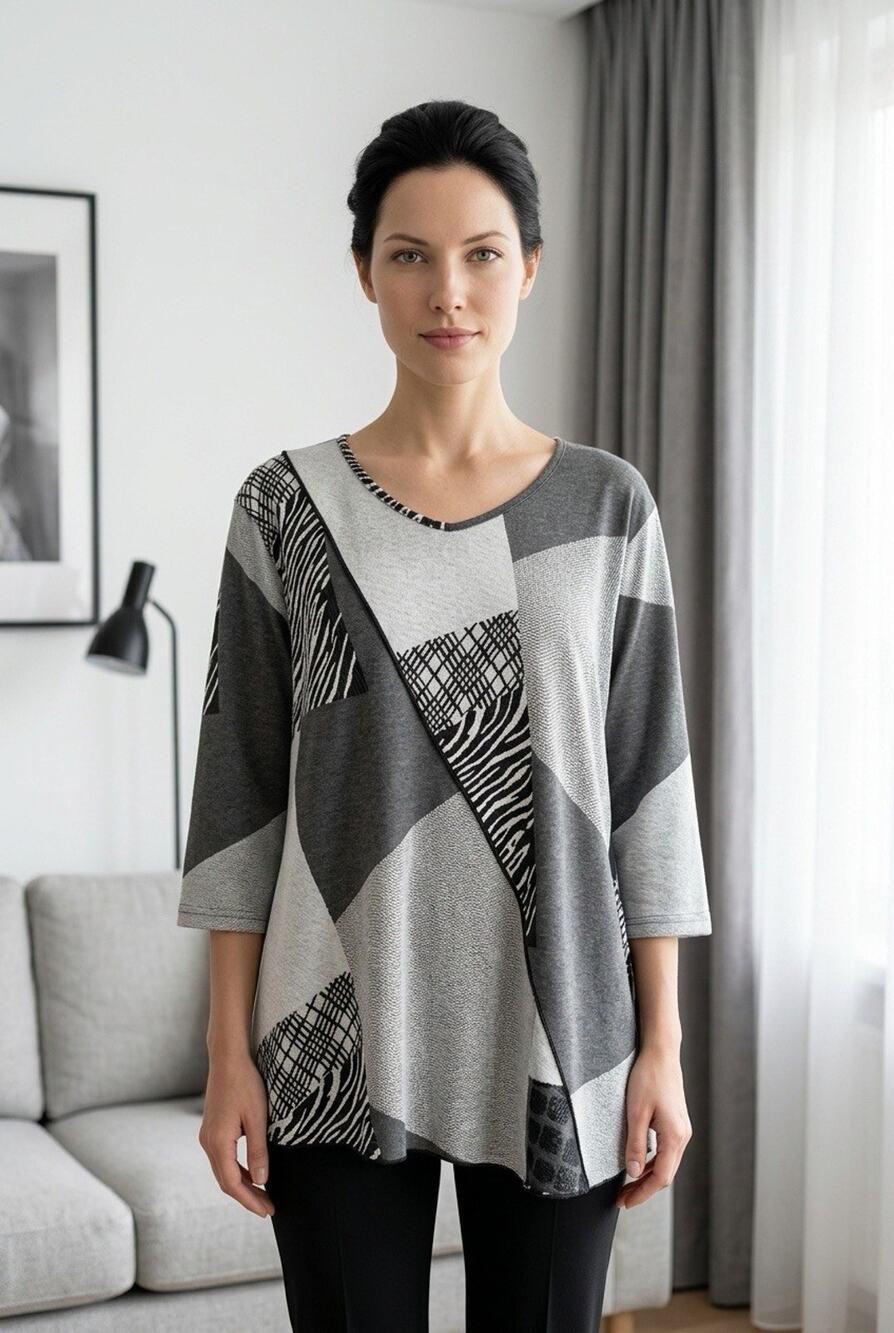 Yushi Mixed Media Patchwork Tunic Top Wearable Art Lagenlook Black Gray Sz Large